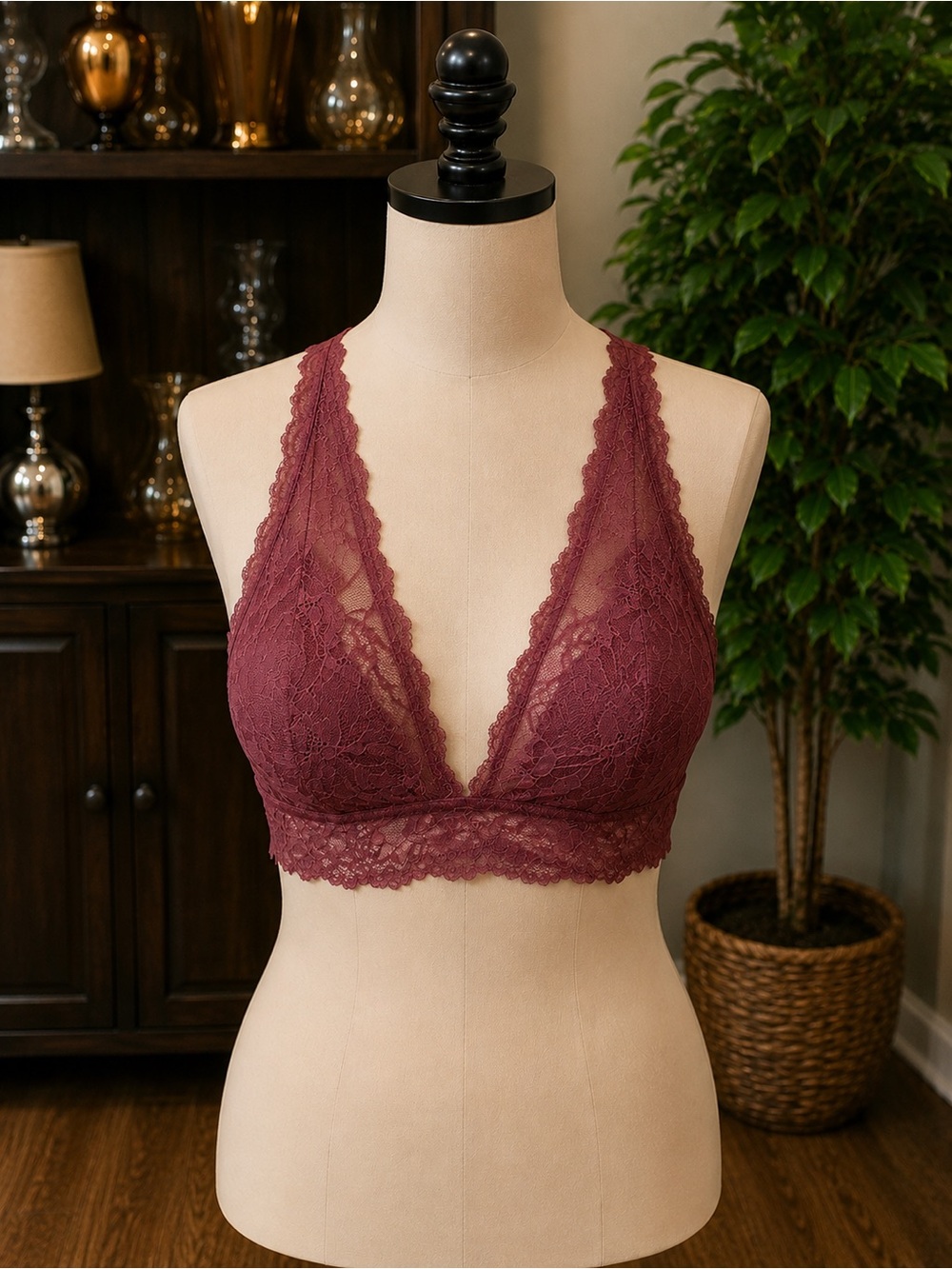 Lace Bralette - Burgundy Deep V Women's Intimates